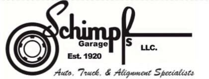 Schimpfs Garage logo displayed in the footer of the website.