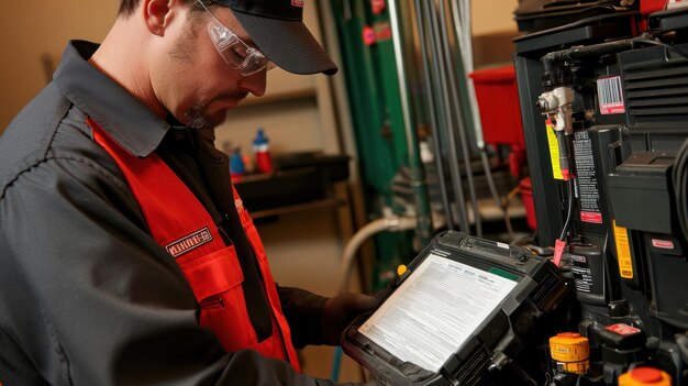 Technician inspecting a car battery for signs of wear and failure.