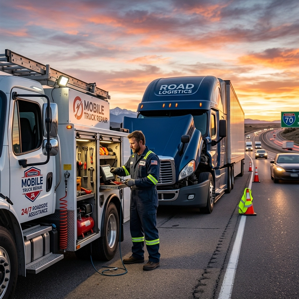 Mobile truck repair technician fixing a semi-truck on the highway during sunset.