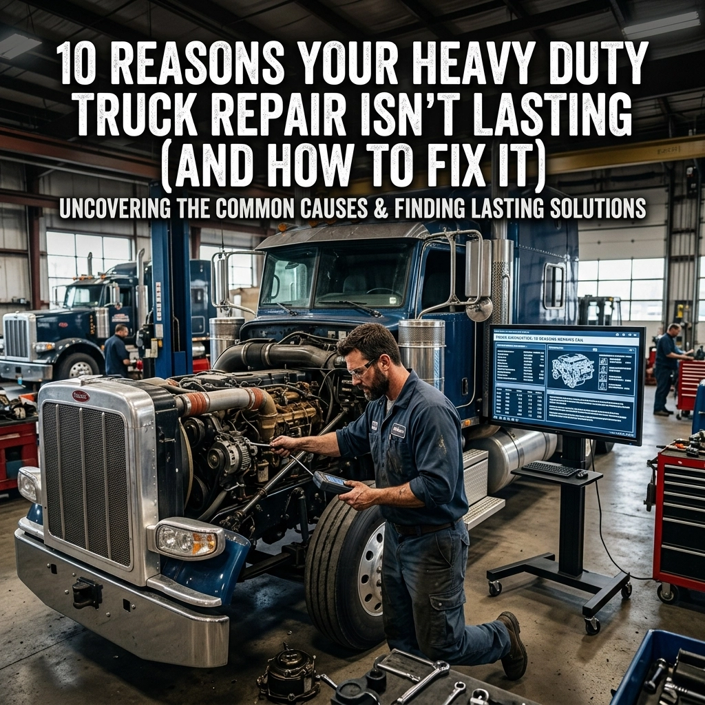 Technician repairing a heavy-duty truck engine in a professional garage setting.