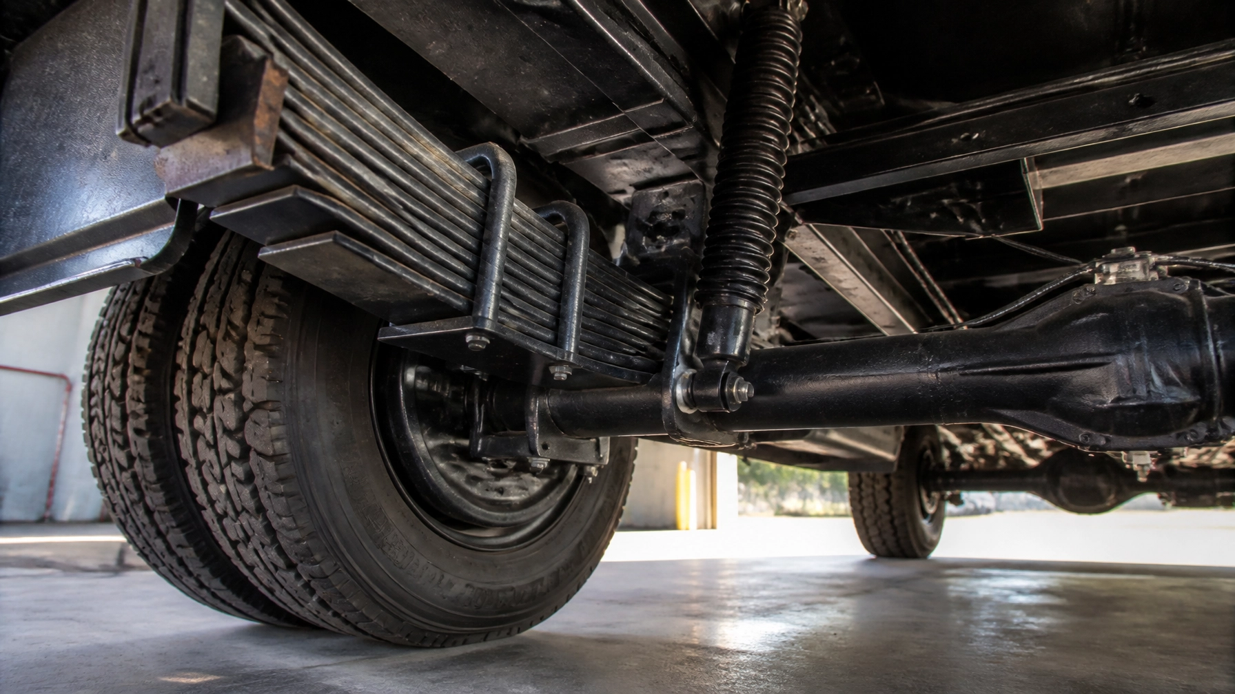 Close-up of vehicle suspension and wheel at Schimpfs Garage.