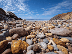 Coastal beach with smooth sea glass and pebbles under a blue sky.