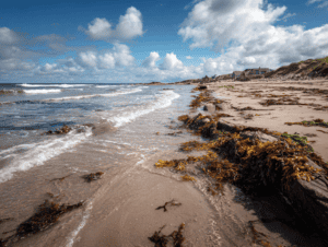 Scenic beach with seaweed, sand, and ocean waves under a partly cloudy sky.