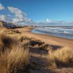 Seaglass hunting on a sandy beach with dunes and coastal houses under a blue sky.