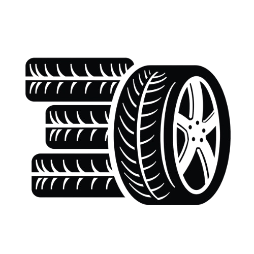 Stack of tires with a wheel, auto maintenance at Sedona Oil & Lube.