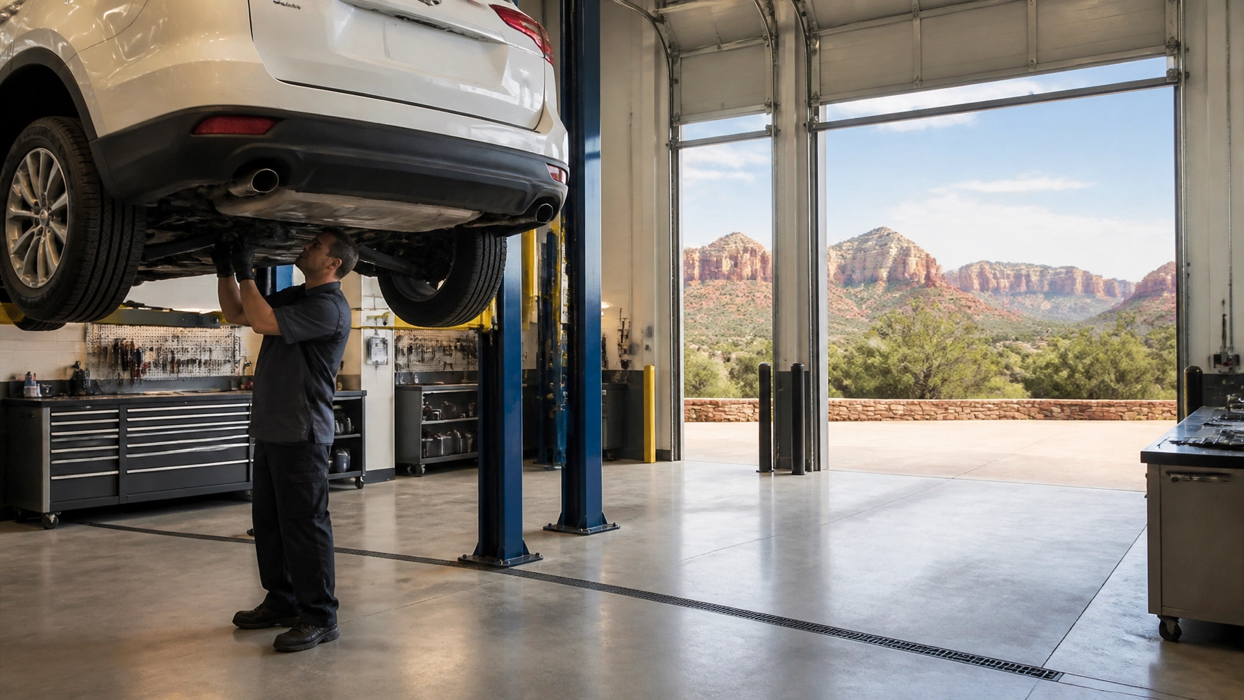 Technician inspecting vehicle on hydraulic lift at Sedona Oil & Lube.