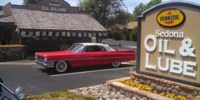 Car parked at Sedona Oil & Lube for oil change and maintenance.