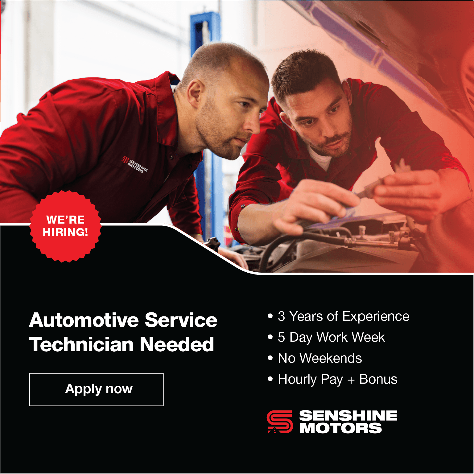 Skilled automotive technicians working on a car engine at Senshine Motors.