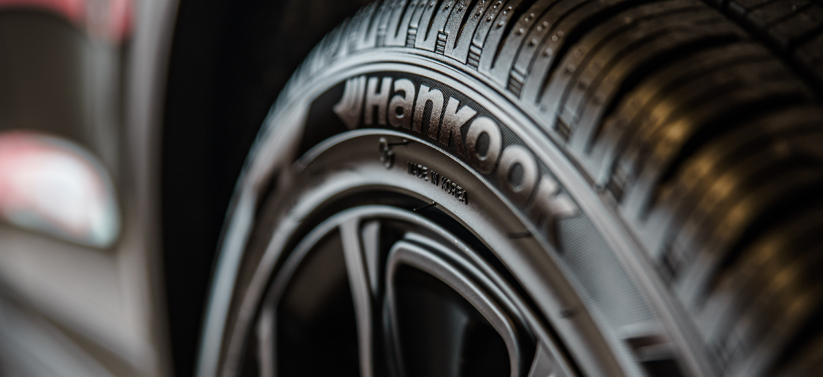 Close-up of a Hankook tire and alloy wheel on a vehicle at Senshine Autos.