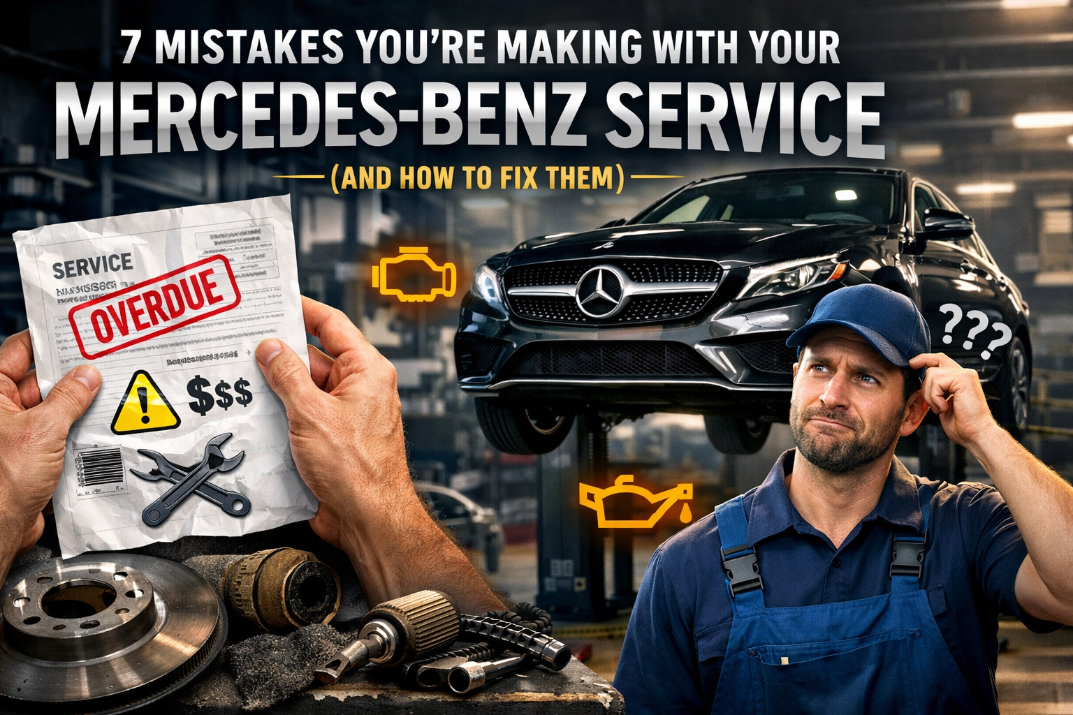 Mercedes-Benz service repair shop with car and mechanic in garage.