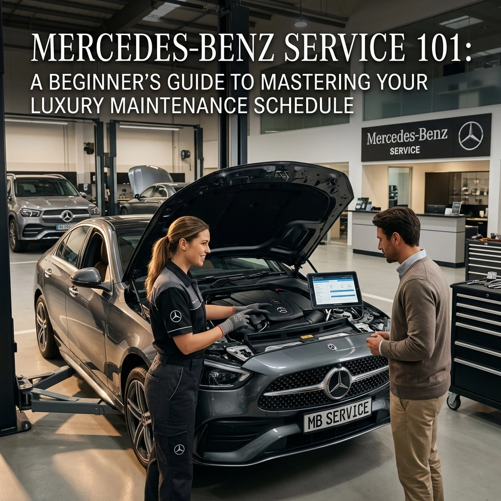 Mercedes-Benz service technician explaining vehicle maintenance to customer at dealership.