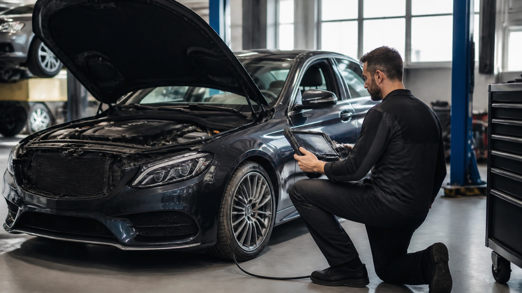 Professional mechanic inspecting a black luxury car at Senshine Autos repair shop.