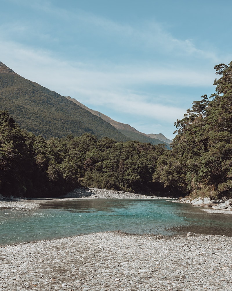 A bright turquoise river flowing between a grey rocky shores lined with trees. There are mountains in the background also covered in trees. Blue Pools.