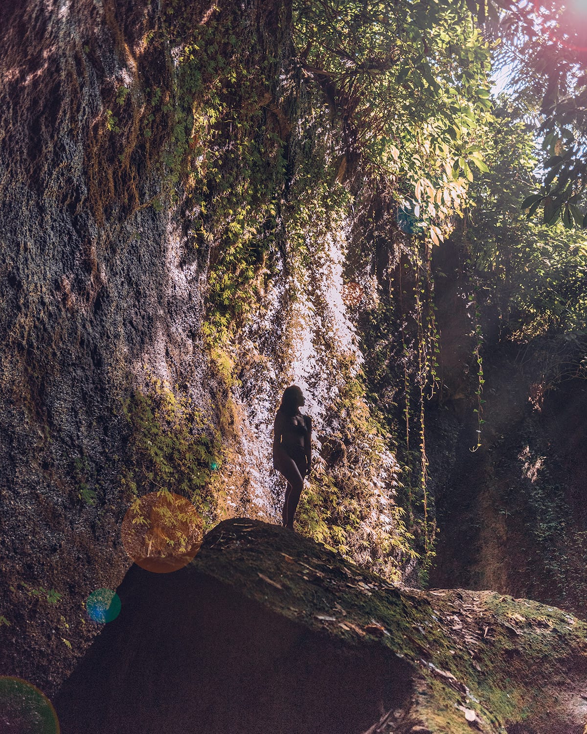 Silhouetted against a sunlit waterfall surrounded by dense foliage, a person stands and enjoys the view. Ubud day 5 - 6 on 10 days in Bali itinerary.