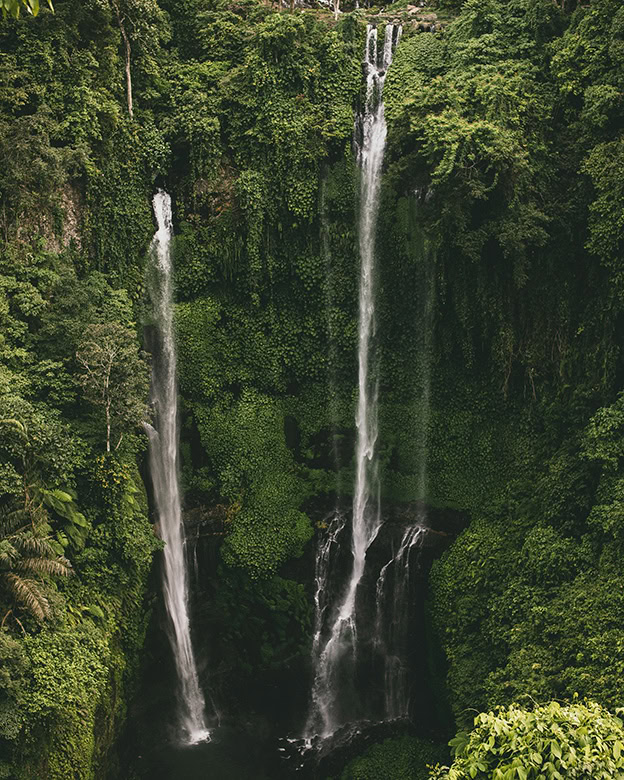 Two very tall waterfalls flow side by side down a green, forested cliff. Sekumpul waterfall may be worth visiting while in Munduk.