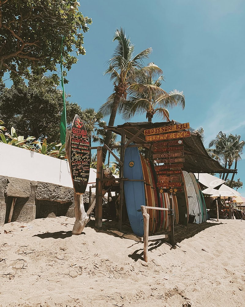 A surf shack on the sandy beach displays colorful surfboards and hand-painted wooden signs, surrounded by palm trees under a clear sky.