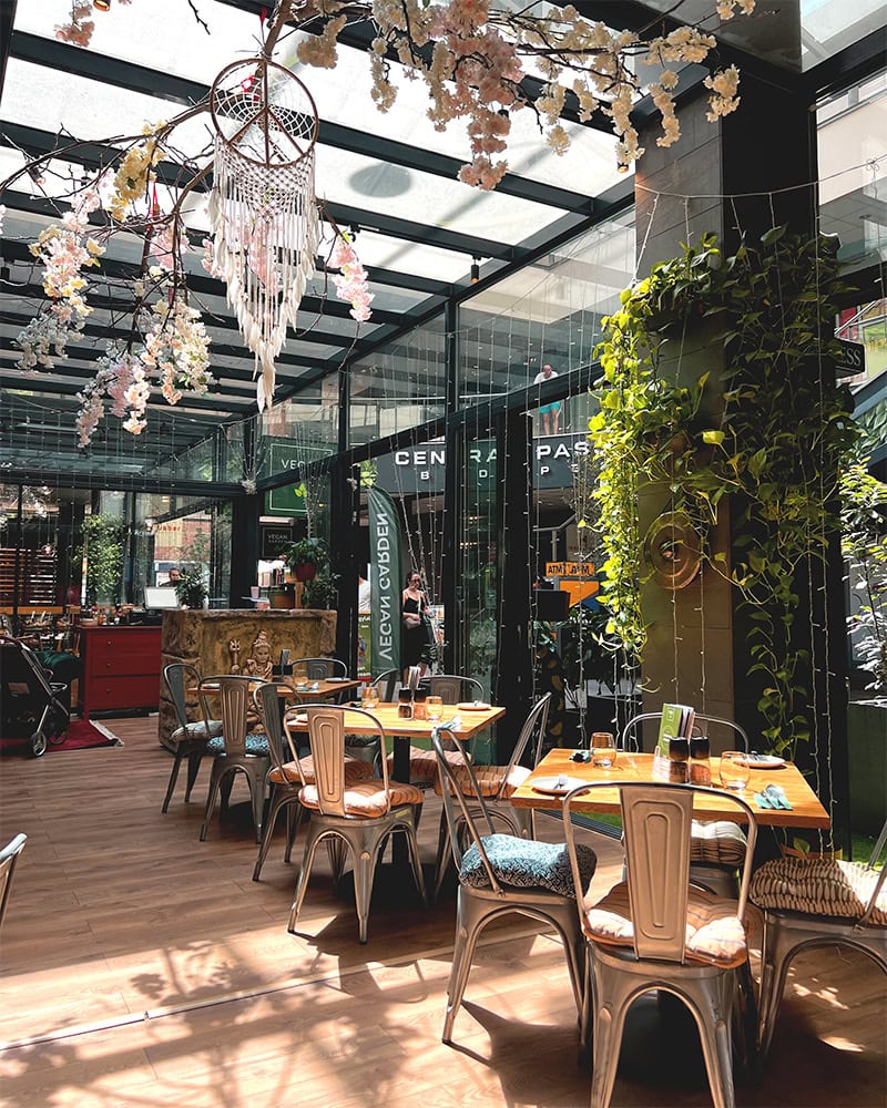 A cozy indoor seating area of a café with natural light streaming through large glass windows. The décor includes hanging plants and a dreamcatcher. Vegan Garden, Budapest.