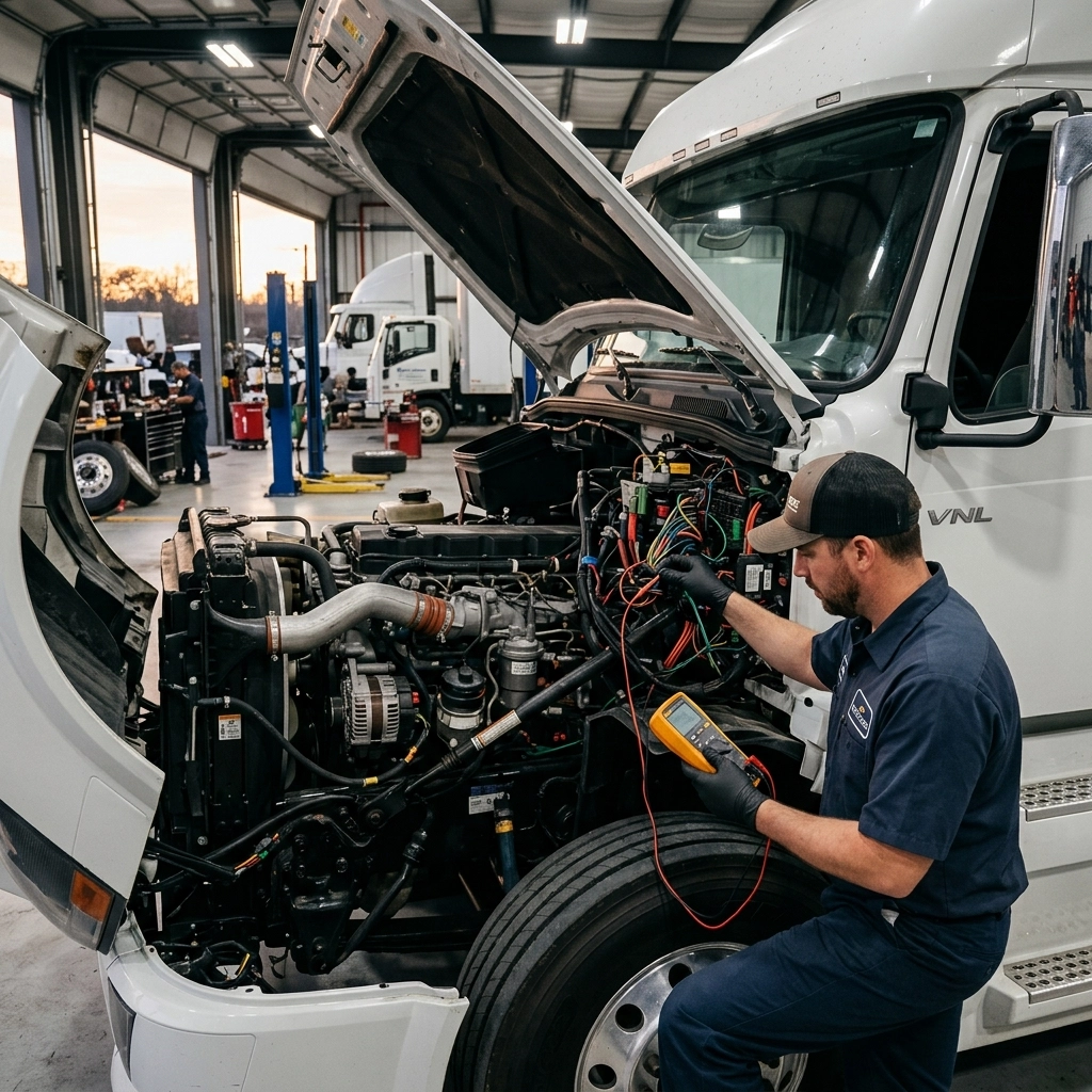 Truck engine diagnostics and repair at a commercial vehicle service center.
