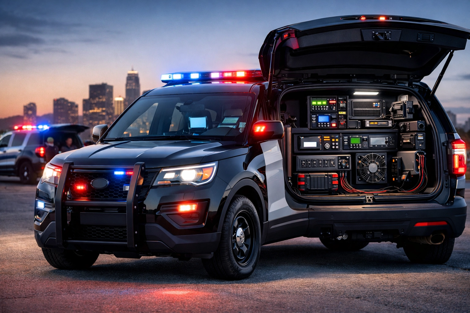 Emergency response vehicle with advanced fleet management technology and communication equipment.