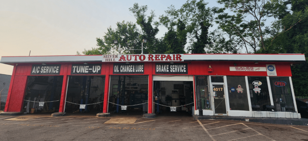 Auto repair shop with tune-up, oil change, brake service, and A/C repair.