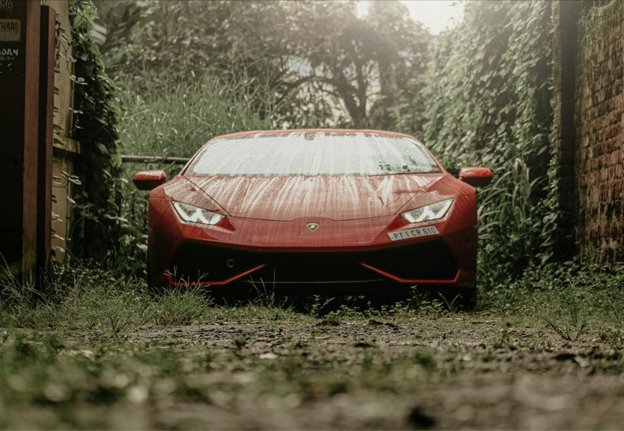 Red sports car parked outdoors during seasonal change, highlighting vehicle maintenance needs.