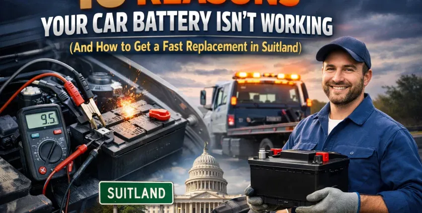 Technician holding car battery with roadside assistance vehicle in background.
