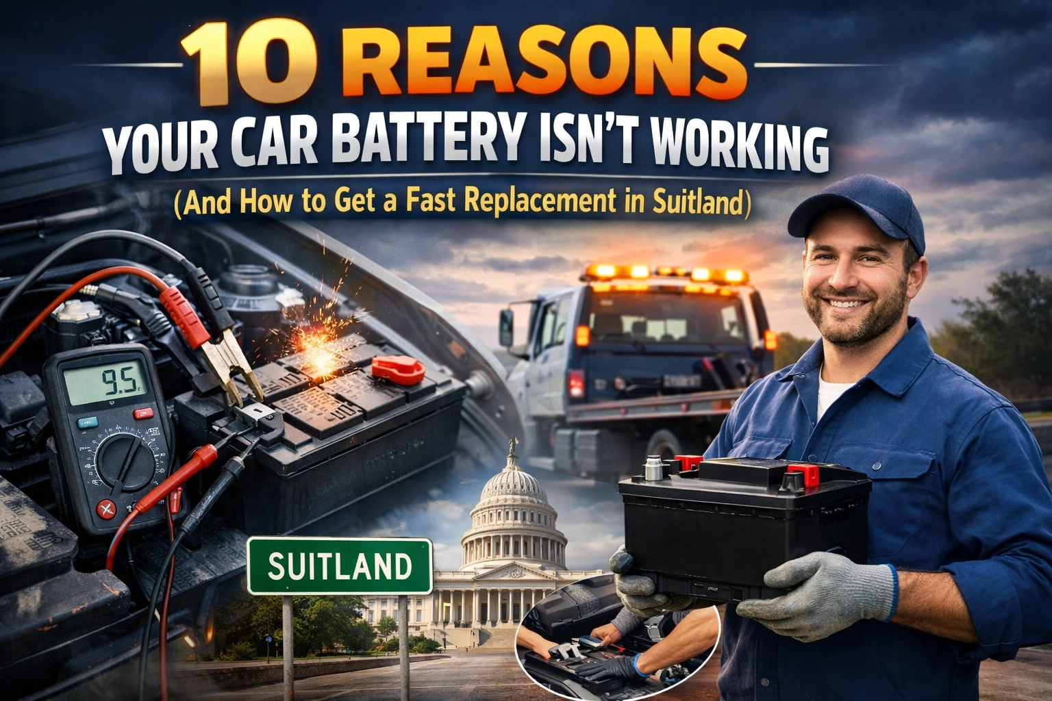 Technician holding car battery with roadside assistance vehicle in background.