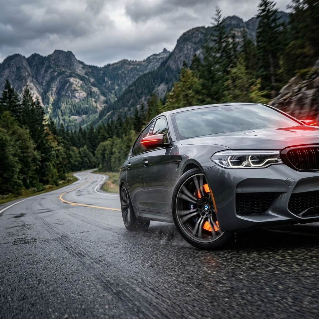 BMW sports car driving on wet mountain road with scenic forest backdrop.
