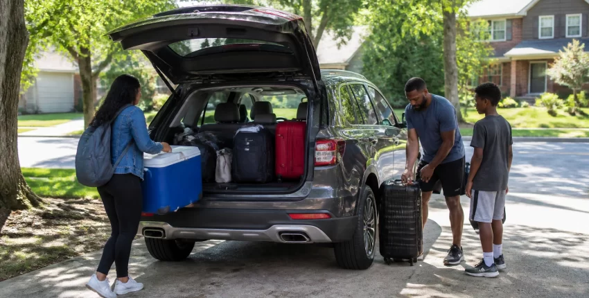 Family loading luggage into car trunk for trip at Silver Hill Auto Repair.