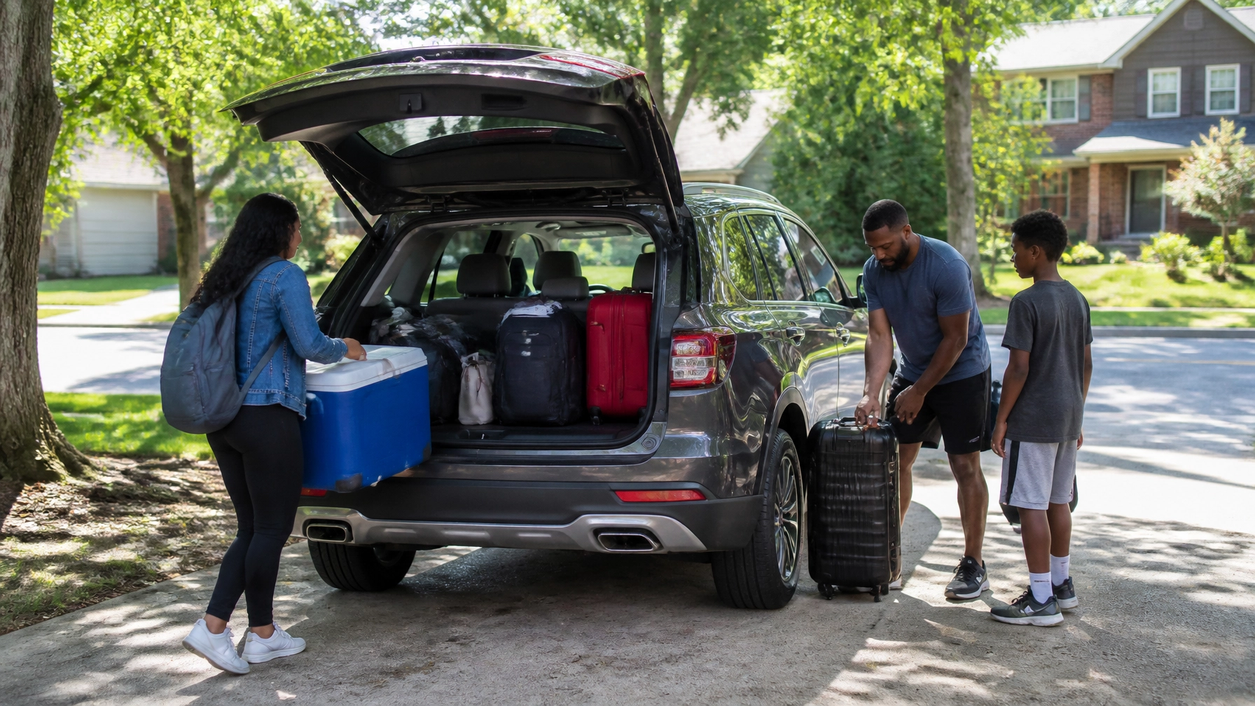 Family loading luggage into car trunk for trip at Silver Hill Auto Repair.