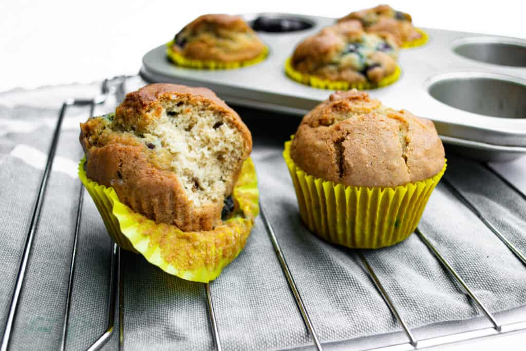 vegan blueberry muffin with a bite