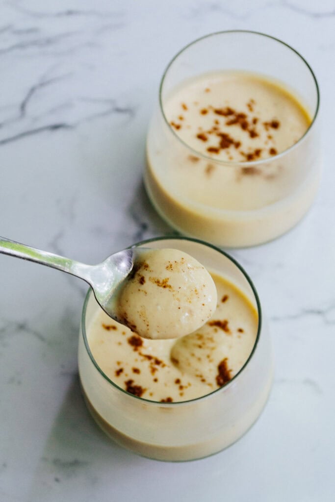 bite of vegan eggnog pudding