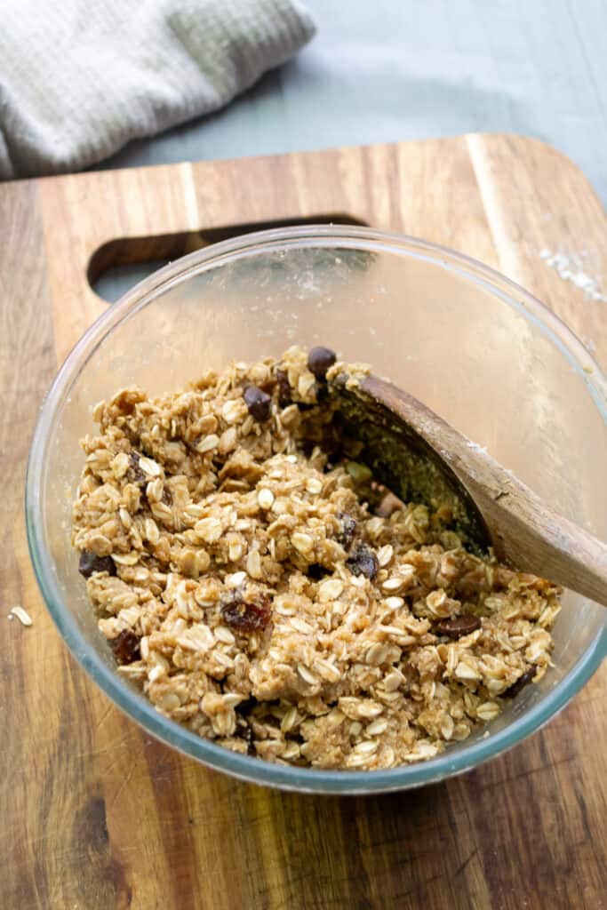 oatmeal raisin chocolate chip cookie dough in bowl