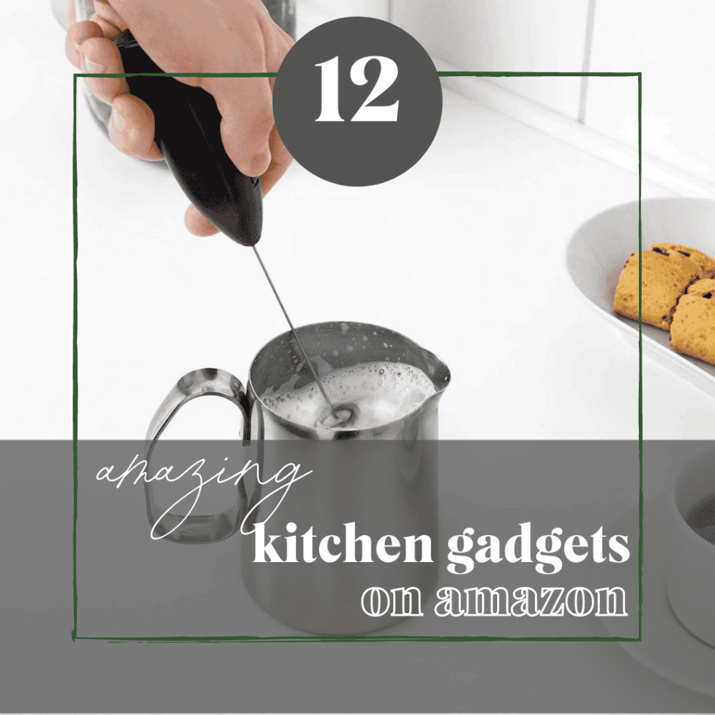 A title image showing text "12 amazing kitchen gadgets on amazon". The background shows an Ikea milk frother frothing milk in a steaming cup. 