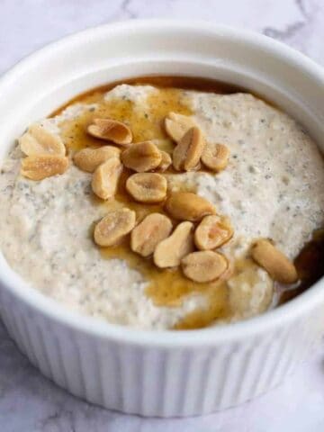 Peanut butter blended oats in a ramekin.
