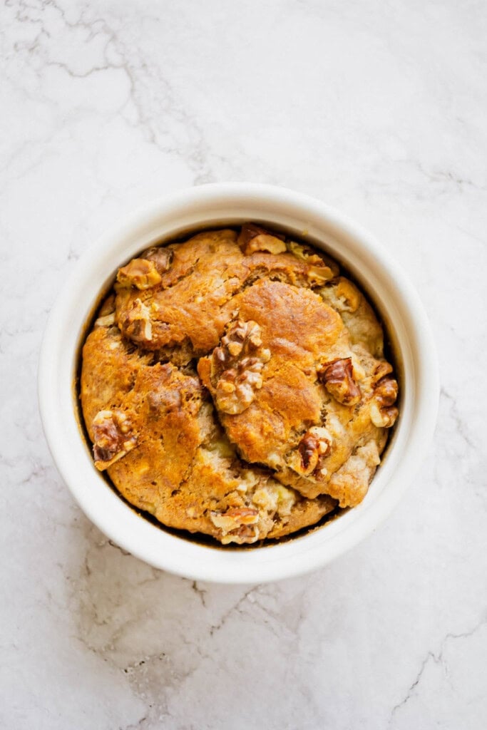 Overhead shot of a single serving banana bread made with vegan egg.