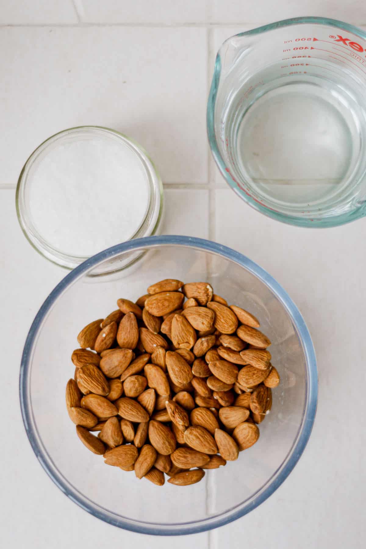 Overhead shot of ingredients, including raw almonds, sea salt and white vinegar.