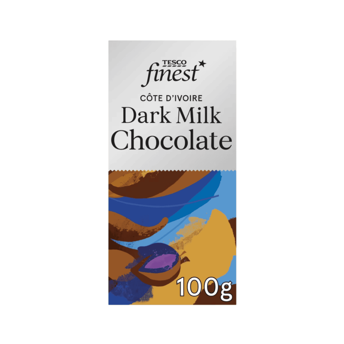 Tesco Finest Cote D'Ivoire dark milk chocolate bar.