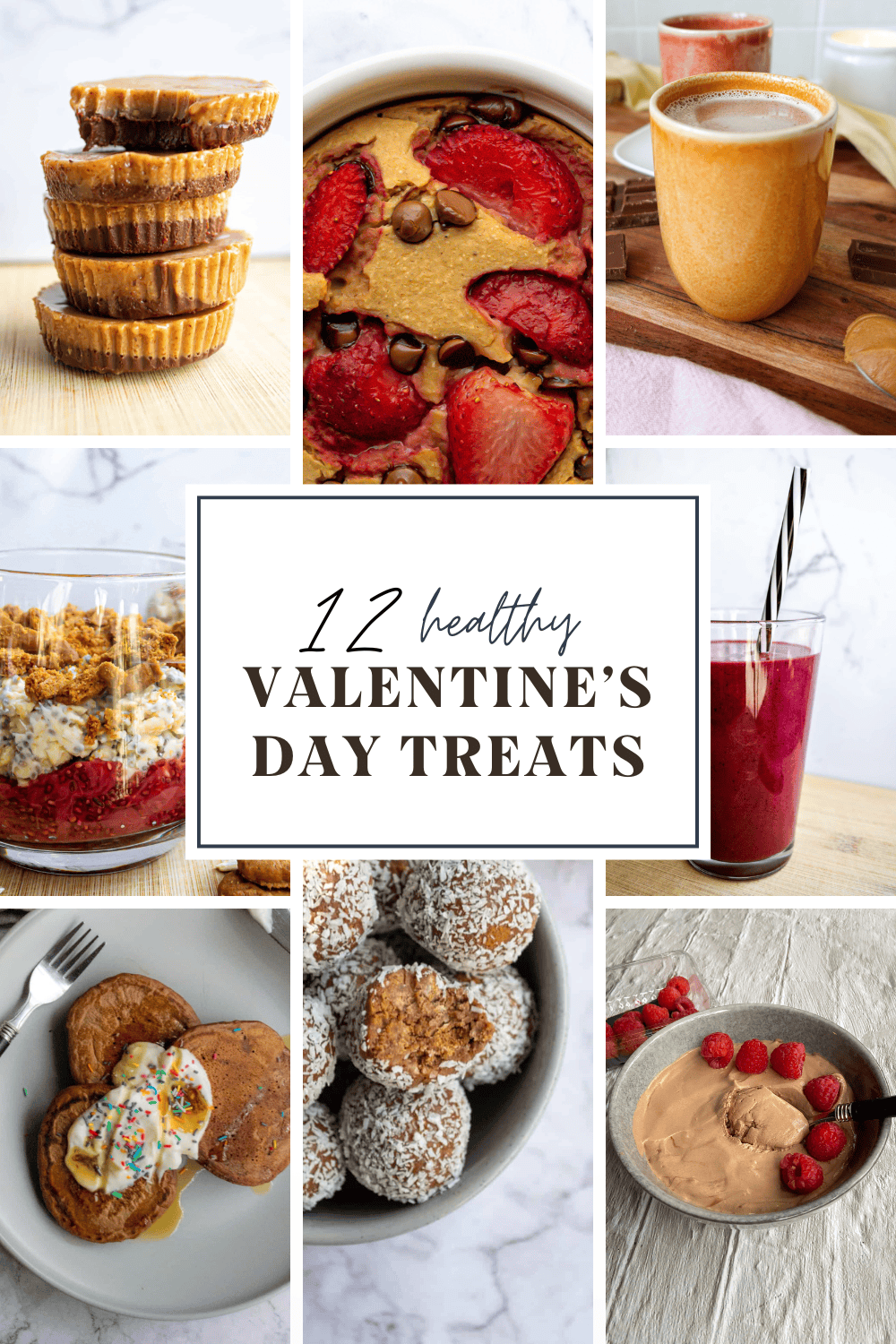 Collage showing different healthy Valentine's Day treats including almond butter cups, baked oats, hot chocolate, overnight oats, chocolate pancakes, Tim Tam balls, chocolate raspberry overnight Weetabix and a beetroot red velvet smoothie.