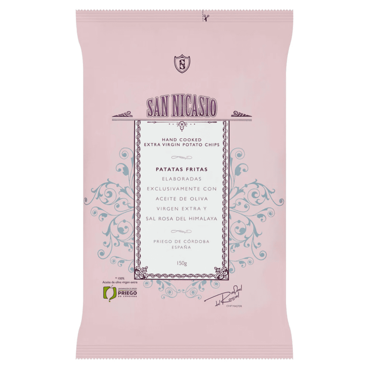 Delicious hand-cooked extra virgin potato chips with olive oil, pink Himalayan salt, and crafted in Córdoba, Spain, offering a savory snack experience.