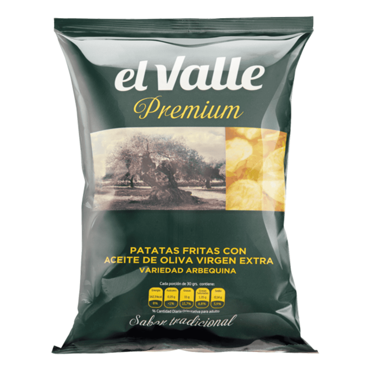 Crispy potato chips with extra virgin olive oil, made from Arbequina variety, packaged in a green bag with a traditional flavor theme, ideal for healthy snack options.