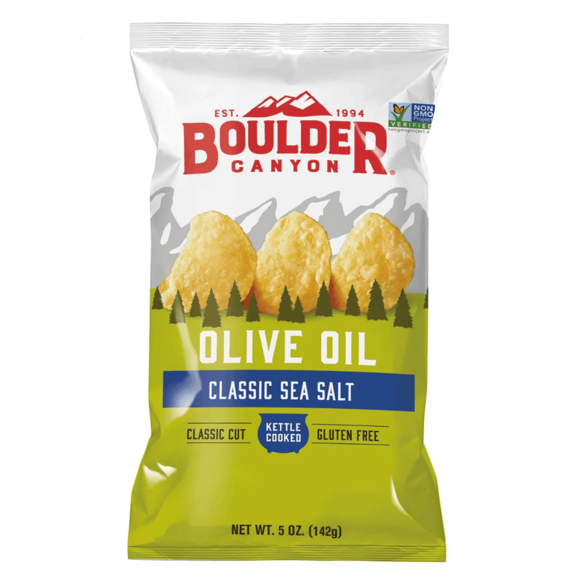 Crunchy Boulder Canyon potato chips with olive oil, classic sea salt flavor, gluten-free, kettle-cooked, and made with non-GMO ingredients. Perfect snack for healthy eating.