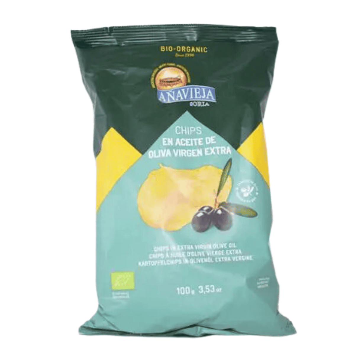 Crunchy olive oil potato chips with extra virgin olive oil and black olives, organic snack, gluten-free, ideal for healthy eating.
