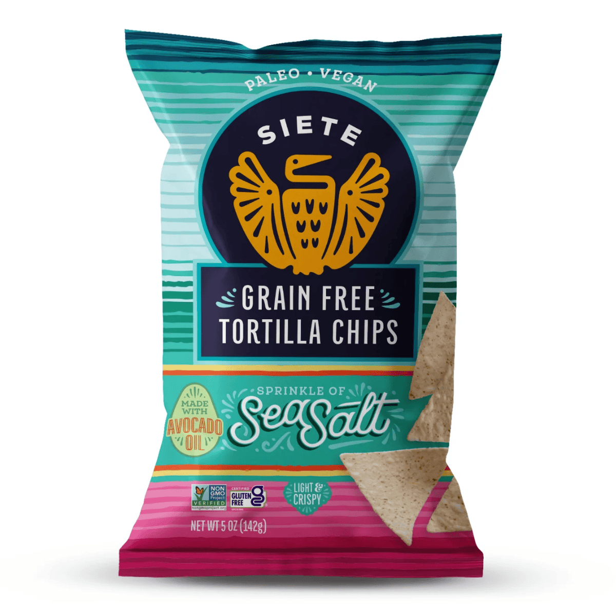 Grain free tortilla chips, paleo vegan snacks, sea salt flavored, gluten-free crispy chips, made with avocado oil for healthy eating.