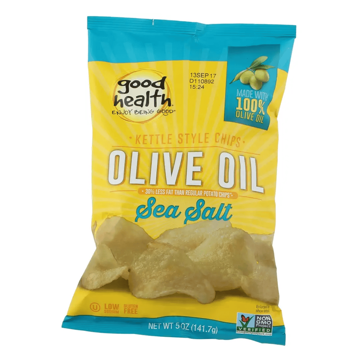 Crunchy kettle style potato chips made with 100% olive oil and sea salt, offering a healthier snack option. Perfect for salad toppings, dips, or enjoying on their own with a savory flavor.