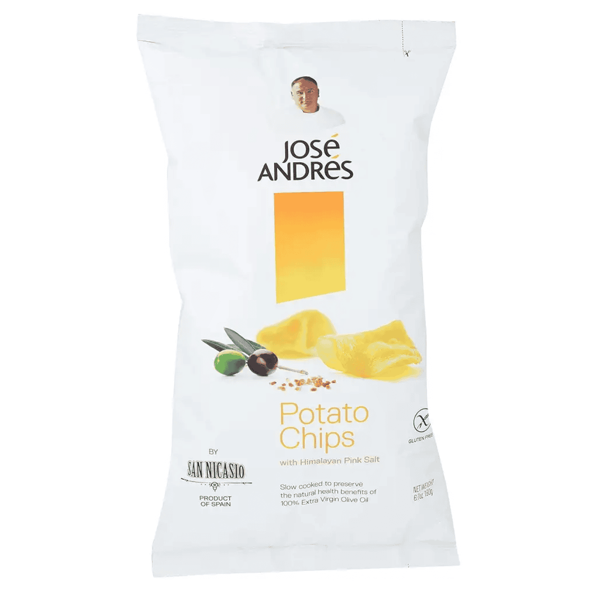 Olive and Himalayan pink salt flavored potato chips in a white bag.