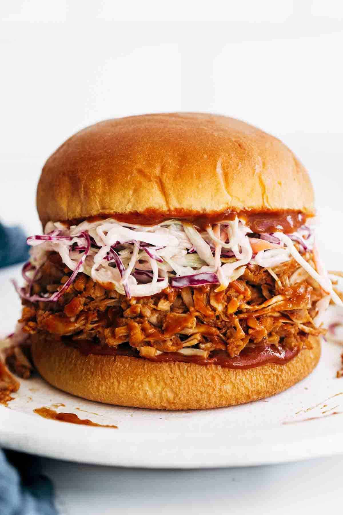 Front view of BBQ Jackfruit sandwich on a brioche bun.
