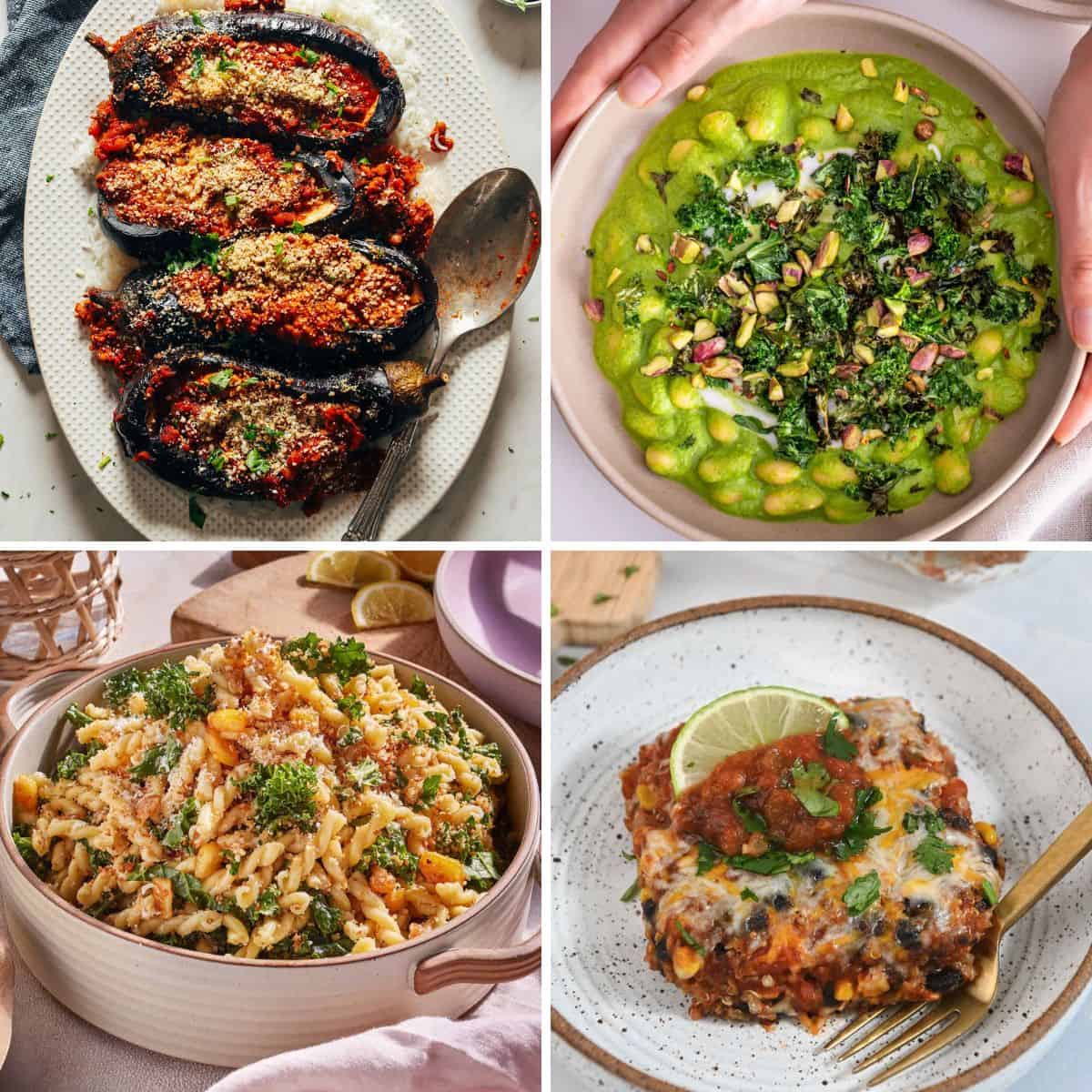 Collage showing four different high-fibre recipes: stuffed eggplant, super green beans, high protein pasta and quiona casserole.