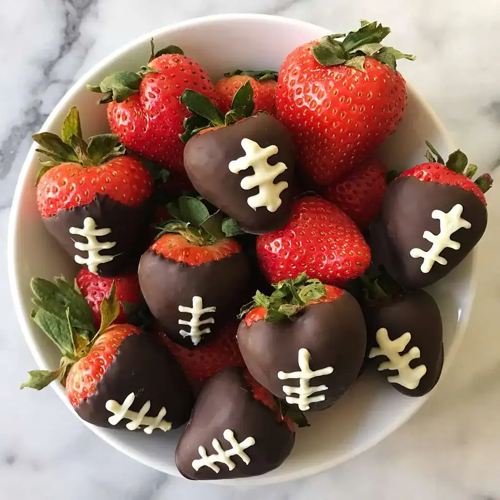Fresh strawberries dipped in chocolate with football decoration decoration, perfect for AFL Grand Final party food.