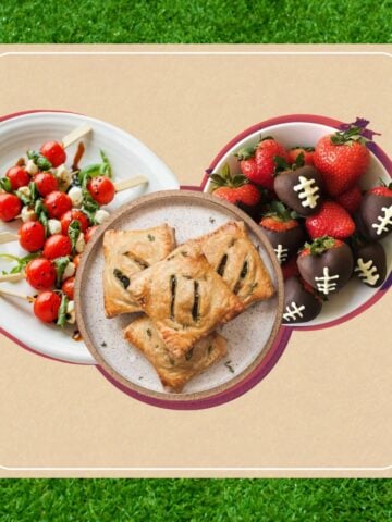 A thumbnail image for an article about AFL Grand Final party food, featuring photos of caprese skewers, hand pies, and chocolate covered strawberry footballs against a footy-inspired background.